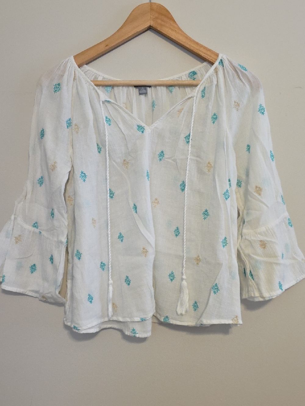 Women’s White Embroidered Peasant Top with Tassel Tie